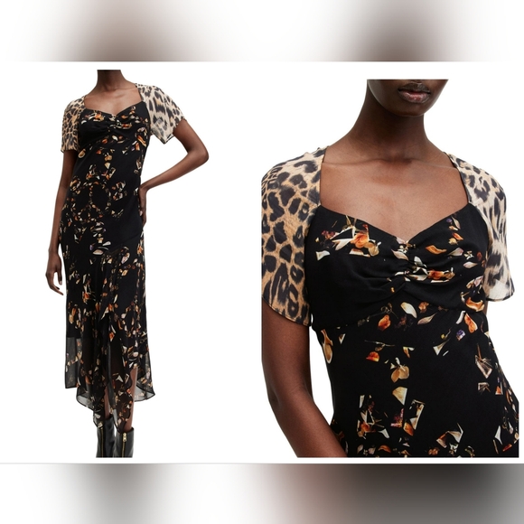 AllSaints Leah  Asymmetrical Midi Dress With Leopard Sleeves - Picture 3 of 11